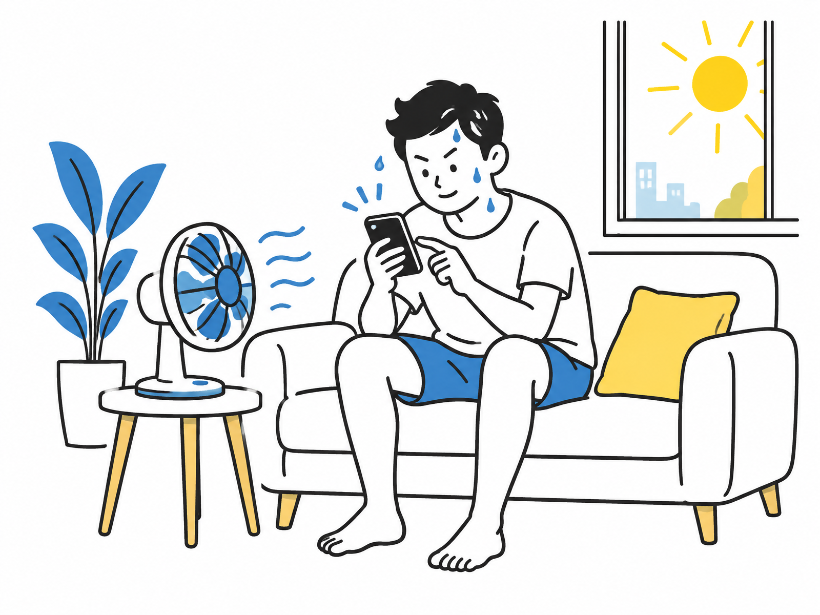 Schwitzender Mann bei Hitze tippt auf seinem Smartphone und ermittelt online den Festpreis, Ventilator daneben, Sonnenfenster im Hintergrund