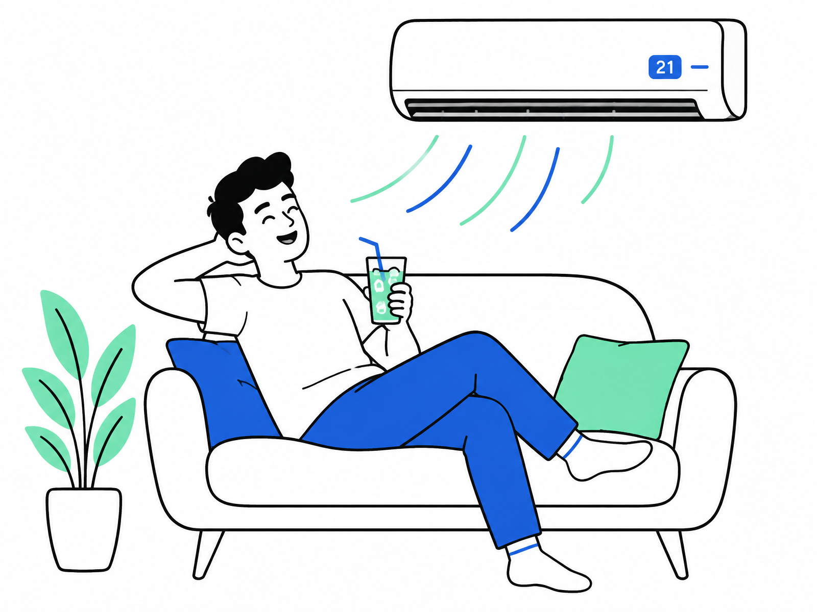 Entspannter Mann mit kühlem Getränk auf dem Sofa unter einer Klimaanlage mit 21 Grad Display