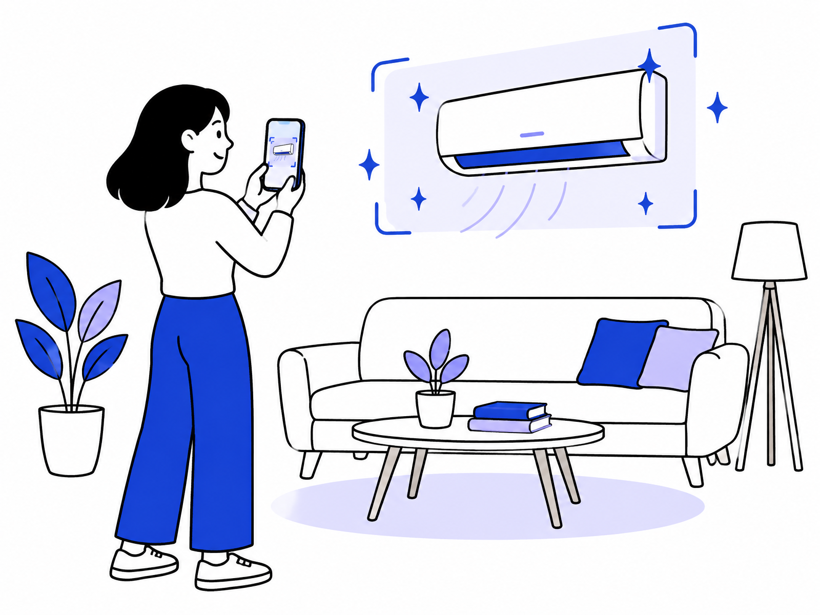 Person blickt auf ihr Smartphone, eine Bosch Wandklimaanlage erscheint als AR-Overlay auf der Wohnzimmerwand