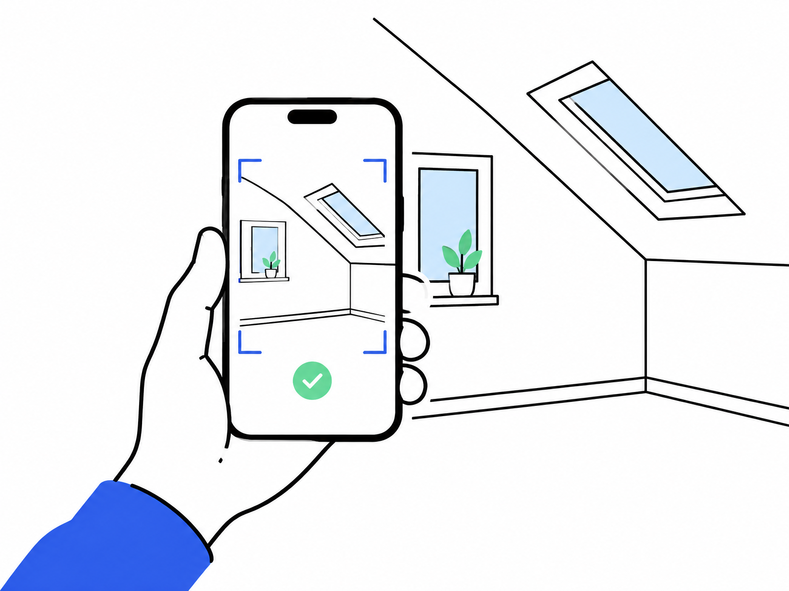 Hand hält ein Smartphone vor eine Wand mit Dachschräge, auf dem Display erscheint der Raumumriss mit grünem Häkchen